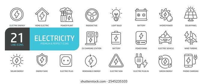 Set of line icons related to electricity, energy, power plant. Outline icons collection. Vector illustration.