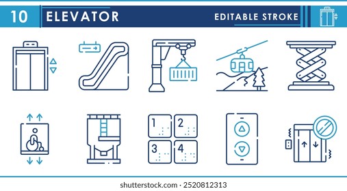 Un conjunto de iconos de línea relacionados con el ascensor. Elevar, levantar, pesado, industria, escaleras, escaleras mecánicas, etc. Vector de trazo editable.