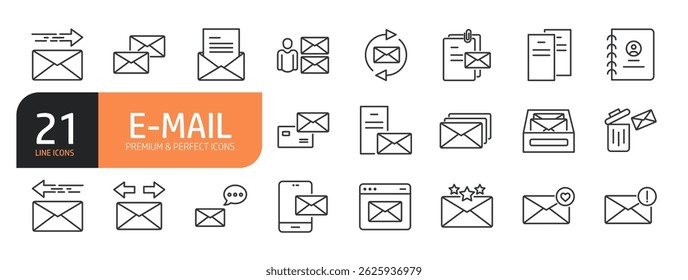 Conjunto de ícones de linha relacionados a email e muito mais. Coleção de ícones de tópicos. Ilustração vetorial.