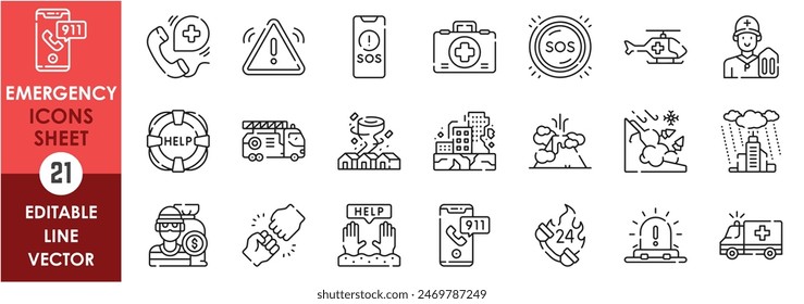 A set of line icons related to emergency and rescue. Emergency, disaster, crime, support, crisis, ambulance, fire, warning, siren, help and so on. Vector outline icons set.