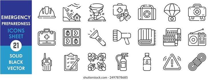 A set of line icons related to Emergency Preparedness. Helmet, disaster, aid, kit, bag, dried food, flashlight, clothes, radio, planning and so on. Vector outline icons set.