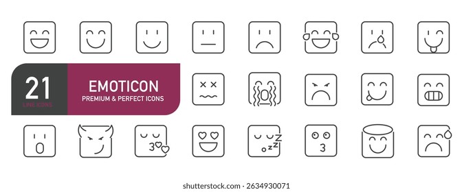 Set of line icons related to emoticon, smiley, expression. Outline icons collection. Vector illustration.