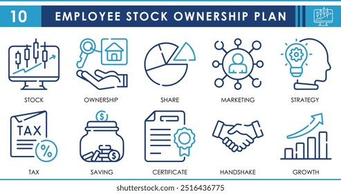 Um conjunto de ícones de linha relacionados ao Plano de Propriedade de Ações do Funcionário (ESOP). Funcionário, participação, crescimento, finanças, casa, empresa, estratégia, etc. Definição de ícones de contorno de vetor.