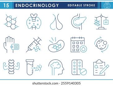 A set of line icons related to Endocrinology. Hormone, Thyroid Gland, Pancreas, hormonal balance, metabolism, sugar level, cortisol stress, bone health, and so on. Vector editable stroke.