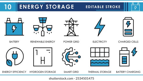 Um conjunto de ícones de linha relacionados ao armazenamento de energia. Bateria, energia renovável, rede de energia, eletricidade, célula carregada, combustível de hidrogênio e assim por diante. Traçado editável de vetor.