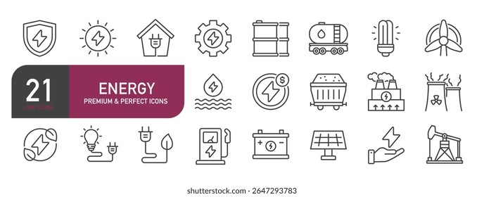 Set of line icons related to energy, power, ecology, green energy. Outline icons collection. Vector illustration