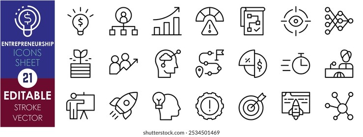 Um conjunto de ícones de linha relacionados ao Empreendedorismo. Inovação, inicialização, plano de negócios, estratégia, investimento, risco, visão, rede, relatório e assim por diante. Traçado editável de vetor.