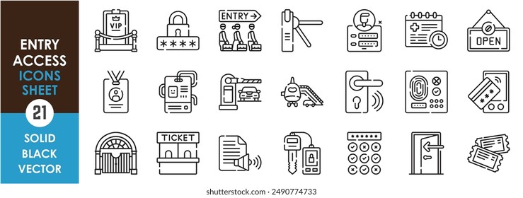 A set of line icons related to entry and access. Enter, VIP, pass, press, gate, key, ticket, id, fingerprint, pin, door, credit, digital, data, and so on. Vector outline icons set.