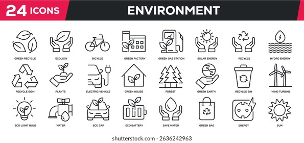Set of line icons related environment, ecology, sustainable, energy. Perfect pixel on transparent background
