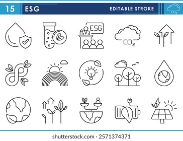 A set of line icons related to ESG. Environment, green energy, nature, conservation, green, resources, earth, and so on. Vector editable stroke.