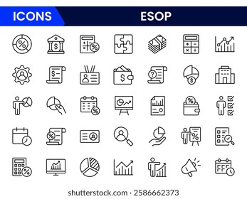 A set of line icons related to ESOP. Employee, plan, ownership, stock, profit, and so on. Outline icon collection