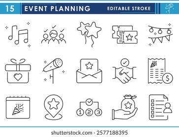 A set of line icons related to Event Planning. Events, music, guests, celebration, date, plan, invite, bill, enjoy, and so on. Vector editable stroke.