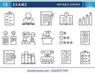 A set of line icons related to Exams. Exam, grade, hall, question paper, evaluation, syllabus, ranking, notes, preparation, graduation, and so on. Vector editable stroke.