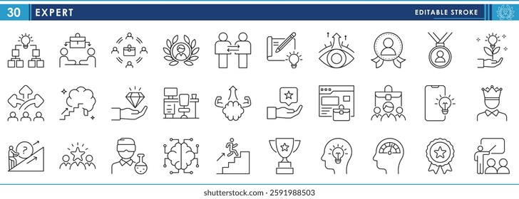 A set of line icons related to Expert. Expertise, innovative, top, responsible, goal, targeted, job, crown, researcher, vision, and so on. Vector editable stroke.