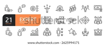 Set of line icons related to expert, competence, expertise, knowledge, skill, experience, advice and more. Outline icons collection. Vector illustration.
