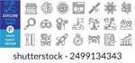 A set of line icons related to Explore. Exploration, visit, science, space, business, trade, search, lens, gems, lab, compass and so on. Vector outline icons set.