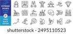 A set of line icons related to extreme sports. Skydiving, tourist, surfing, flight, parkour, parachute, rafting, helmet, rock climbing, and so on. Vector outline icons set.