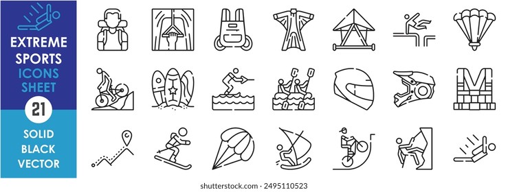 A set of line icons related to extreme sports. Skydiving, tourist, surfing, flight, parkour, parachute, rafting, helmet, rock climbing, and so on. Vector outline icons set.