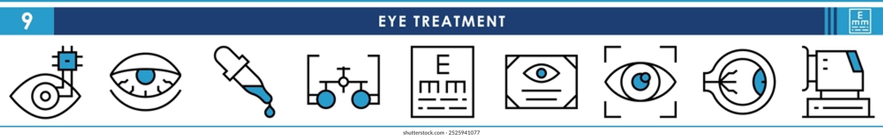 A set of line icons related to Eye Treatment. Treatment, medicine, goggles, eyes, and so on. Vector editable stroke.