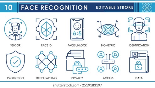 Um conjunto de ícones de linha relacionados ao reconhecimento facial. Rosto, trilha, varredura, desbloqueio, identidade, privacidade, biométrica e assim por diante. Traçado editável de vetor.