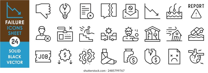 A set of line icons related to failure, Fail, loss, rejected, fall, broke, economic, grade, heart, jobless, homeless, dislike, disaster and so on. Vector outline icons set.