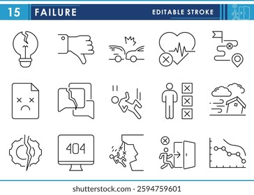 A set of line icons related to Failure. Success, fate, luck, destruction, accidents, and so on. Vector editable stroke.