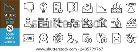 A set of line icons related to failure, Fail, loss, rejected, fall, broke, economic, grade, heart, jobless, homeless, dislike, disaster and so on. Vector outline icons set.