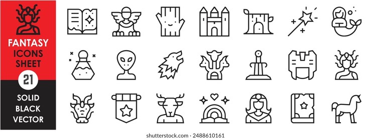 A set of line icons related to fantasy. Fairy tale, fiction, vintage, myth, alien, spell book, fairy, magic, tree, castle, potion, dragon, sword, wolf, warrior, and so on. Vector outline icons set.