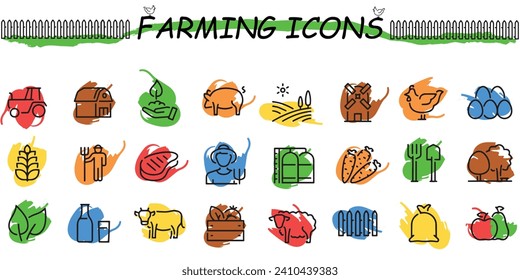 Set of  line icons related to farm, farming, gardening, agriculture, smart farm, farm animals, seeding. Vector illustration