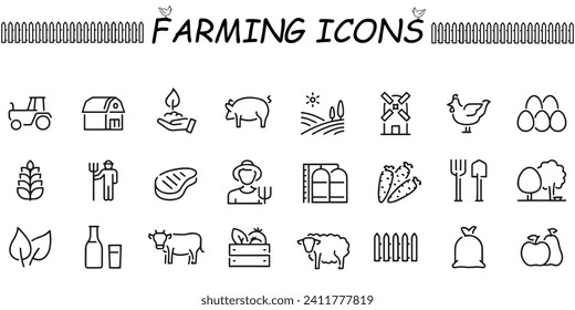 Set of  line icons related to farm, farming, gardening, agriculture, smart farm, farm animals, seeding. Vector illustration