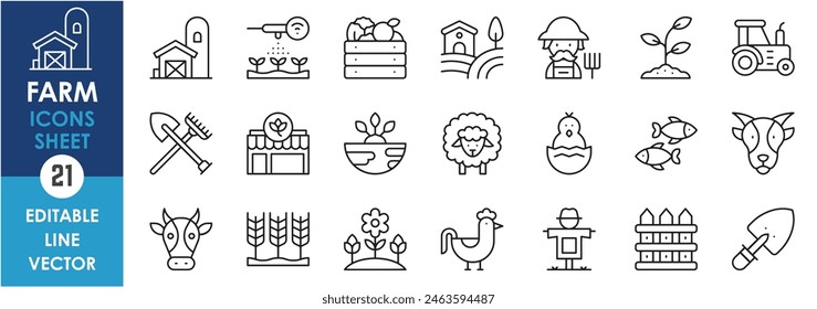 A set of line icons related to farm. Vector outline icons with agriculture. Farm house, farm, chicken, cow, field, irrigation and so on.