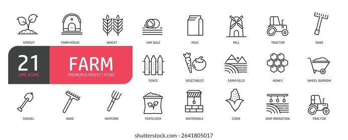 Set of line icons related to farm house, hay bale, honey, mill, vegetables. Outline icons collection. Vector illustration.