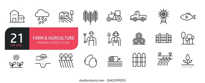 Set of line icons related to farmer, farm house, hay bale, wind mill, garden. Outline icons collection. Vector illustration.