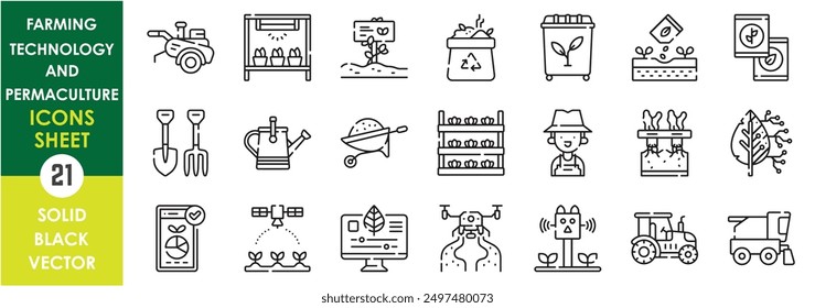 A set of line icons related to Farming Technology and Permaculture. Farm, modern, technology, drone, organic, tools, greenhouse, satellite, monitoring, advanced and so on. Vector outline icons set.