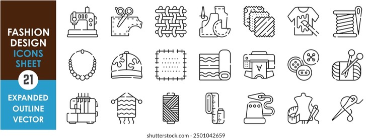 A set of line icons related to Fashion Design. Fashion, t-shirt, shirt, male, female, fabric, cut, cap, print, knit and so on. Vector outline icons set.