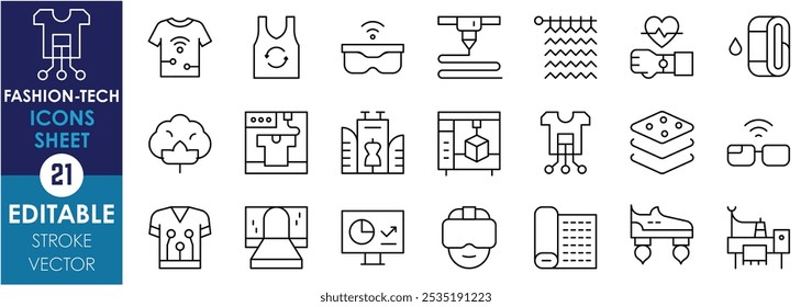 A set of line icons related to Fashion Technology. Wearable technology, smart fabrics, 3d printing, sustainable fashion, Customizable, and so on. Vector editable stroke.