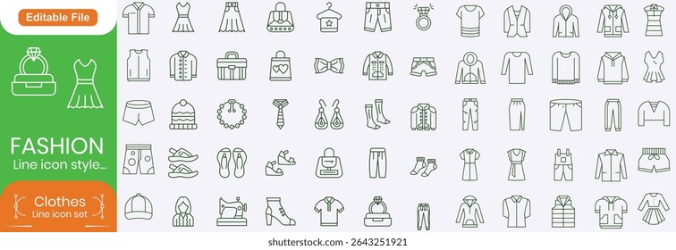 Set of line icons related to fashion, sewing, and clothing. Outline icon collection. clothes and cloth elements - minimal thin line web icon set. Outline editable icons collection. Dress,polo t-shirt