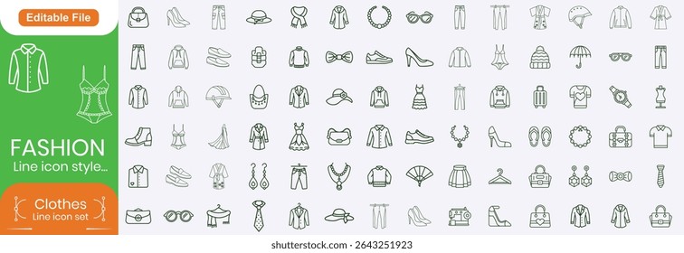 Set of line icons related to fashion, sewing, and clothing. Outline icon collection. clothes and cloth elements - minimal thin line web icon set. Outline editable icons collection. Dress,polo t-shirt