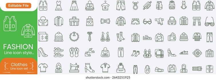 Set of line icons related to fashion, sewing, and clothing. Outline icon collection. clothes and cloth elements - minimal thin line web icon set. Outline editable icons collection. Dress,polo t-shirt