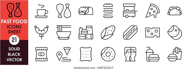 A set of line icons related to fast food. Coffee, meat, burger, corn, pizza, sausage, hot dog, fries, beer and so on. Vector outline icons set.