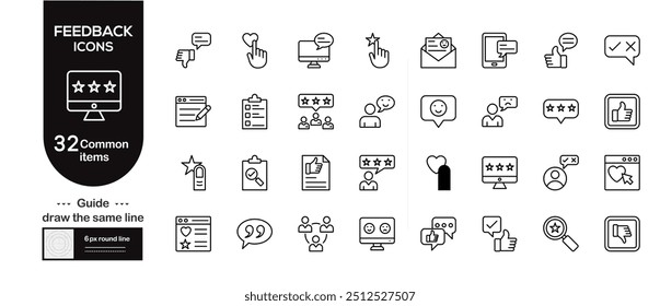 Um conjunto de ícones de linha relacionados a comentários e sugestões. Comentários, mensagem, classificação, carta, email, podcast, bom, pior, melhor e assim por diante. Definição de ícones de contorno de vetor.