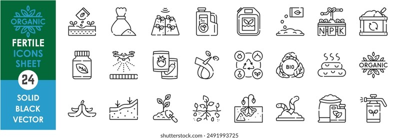 Eine Reihe von Liniensymbolen in Bezug auf fruchtbaren Boden. Landwirtschaft, fruchtbar, Dünger, organisch, zersetzen, Erde, Spray, Gemüse, Würmer, gesund, Drohne, und so weiter. Vektorgrafik-Gliederungssymbole festgelegt.