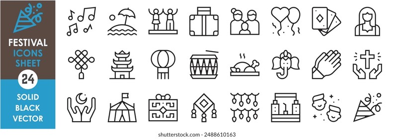 A set of line icons related to festival. Festive, summer, parents, cards, clothes, Chinese, Hindu, gift, games, kite, fun, music, drum and so on. Vector outline icons set.