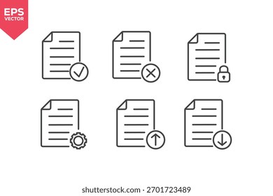 Set of line icons related to file accepted, file error, private document, private document, transfer up, transfer down. Editable stroke. Vector illustration