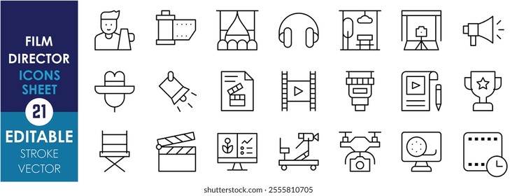 A set of line icons related to Film Director. Camera, headphone, cinema, hat, spotlight, lens, script, clapperboard, drone, award, and so on. Vector editable stroke.