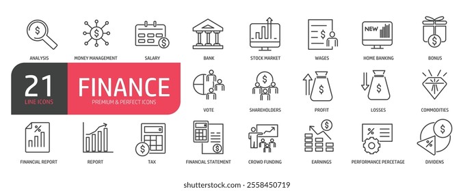 Set of line icons related to finance, business strategy, solution, idea. Outline icons collection. Vector illustration. stock illustration