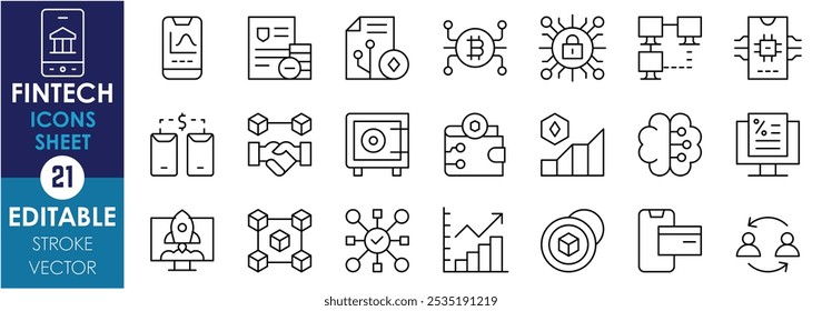 Un conjunto de iconos de línea relacionados con Fintech. Gráfico, cripto, digital, cartera, seguro, Punto a punto, IA, blockchain, etc. Vector de trazo editable.