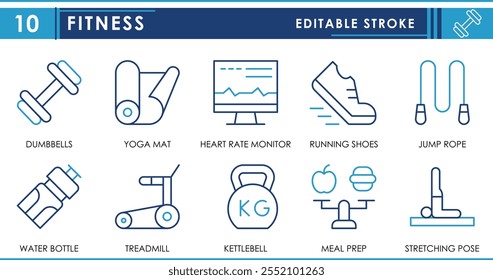 Um conjunto de ícones de linha relacionados à aptidão. Halterofilismo, esteiras de ioga, frequência cardíaca, sapato de corrida, salto, dieta equilibrada e assim por diante. Traçado editável de vetor.