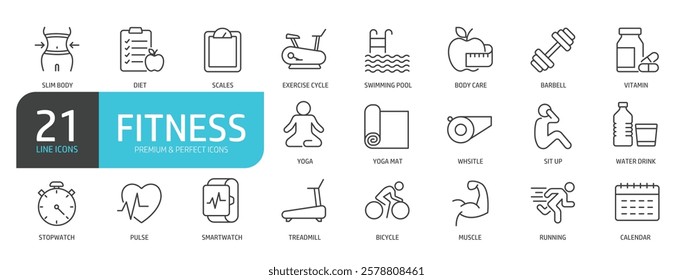 Set of line icons related to fitness, gym, wellness. Outline icons collection. Vector illustration.