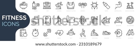 Set of line icons related to fitness, gym. Outline icon collection. Editable stroke. Vector illustration